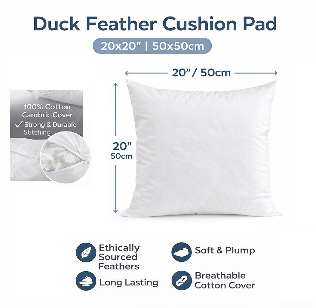 20x20” Duck Feather Cushion Pillow (50x50cm) – Cotton Cover Cushion Inners