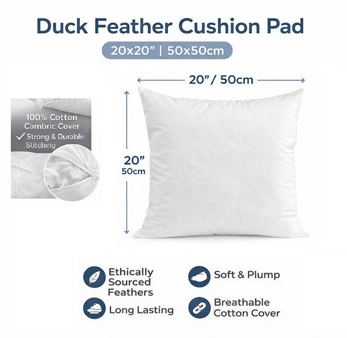 20x20” Duck Feather Cushion Pillow (50x50cm) – Cotton Cover Cushion Inners